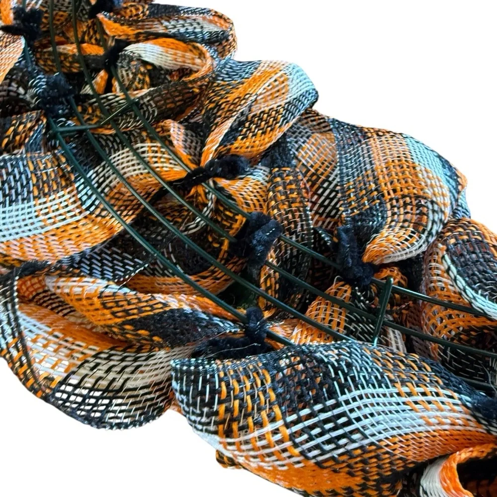 Halloween Mesh Wreath with Plaid Ribbon, Flowers & Cute Skeletons – 23″